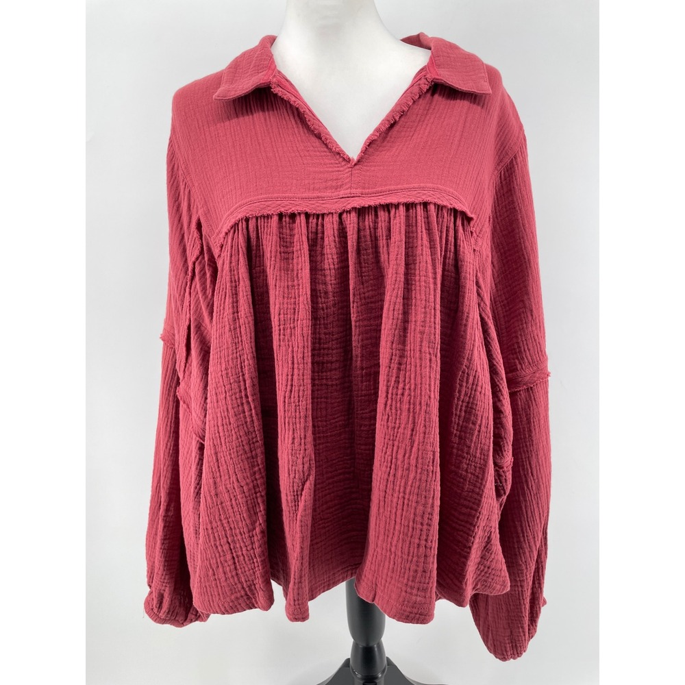 Babydoll Top Women Large Red Cottage Peasant Western Boho Raw Edge Artsy  Cotton